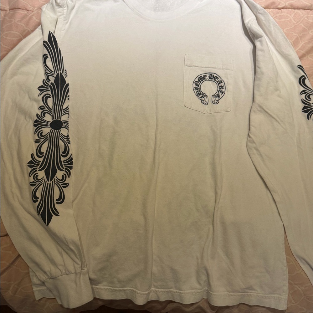 Chrome Hearts White Long Sleeve Tee with Black Sleeve Motifs